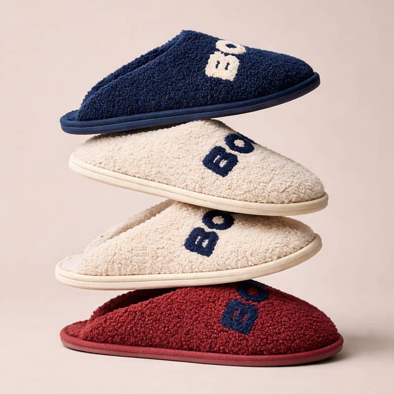 Stack of four fuzzy slippers in blue, cream, and red, each with "BO" embroidered on top, balanced on a neutral background.