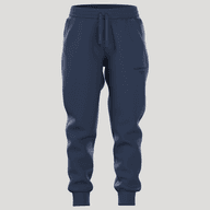 Dark blue joggers with an elastic waistband and drawstrings, featuring side pockets and cuffed hems, displayed on a plain background.