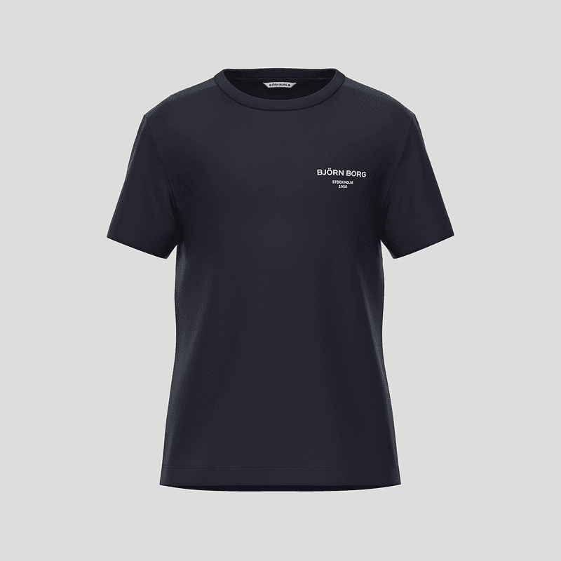 Dark navy T-shirt with short sleeves, featuring "BJÖRN BORG, STOCKHOLM, 1956" in white text on the chest.