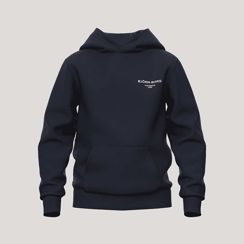 Navy blue hoodie with a front pocket, featuring "BJÖRN BORG" and "STOCKHOLM X 1956" in white text on the chest, against a gray background.
