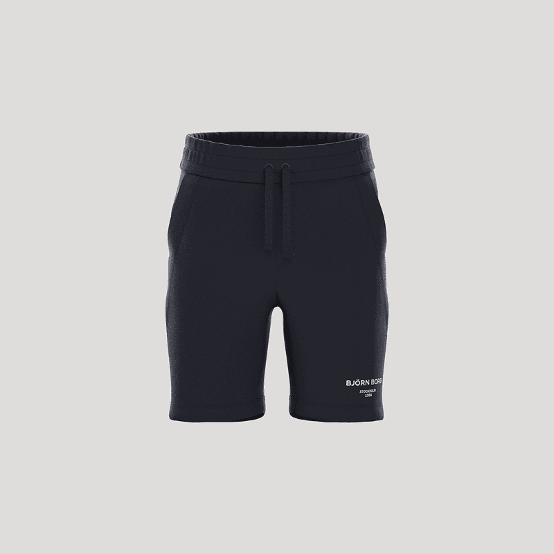 Navy blue athletic shorts with an elastic waistband and drawstrings, featuring a small logo on the left side.