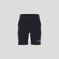Navy blue athletic shorts with an elastic waistband and drawstrings, featuring a small logo on the left side.