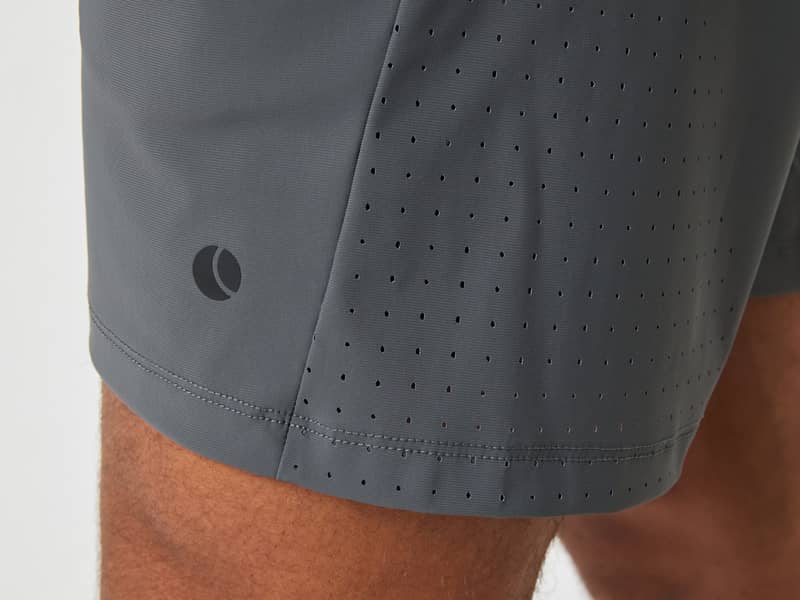 Close-up of grey Björn Borg Ace Sports Shorts showing laser-cut ventilation holes and a tonal tennis ball logo.