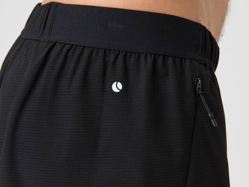 Close-up of a person wearing black shorts with an elastic waistband and a small white logo near the pocket zipper.