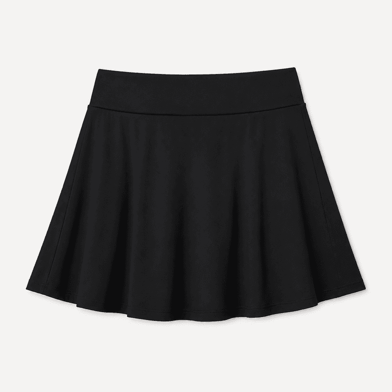 Black tennis skirt with a flared silhouette and built-in shorts, shown from the waist to mid-thigh on a white background
