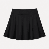 Black tennis skirt with a flared silhouette and built-in shorts, shown from the waist to mid-thigh on a white background