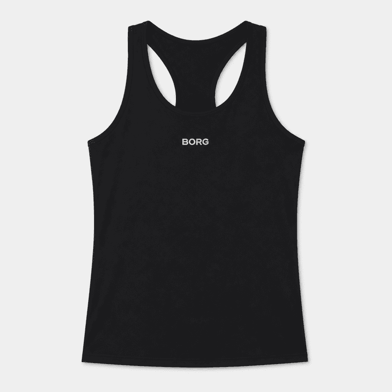 Black training tank top with a racerback design and small logo on the chest.