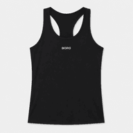 Black training tank top with a racerback design and small logo on the chest.