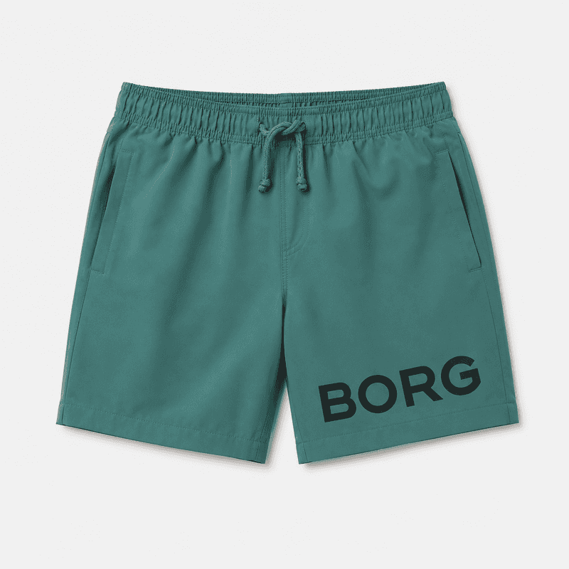 Green kids swim shorts with elastic drawstring waist and side pockets, shown flat on a light background.
