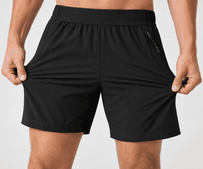 Close-up of black men’s performance shorts being stretched to demonstrate the fabric’s flexibility.