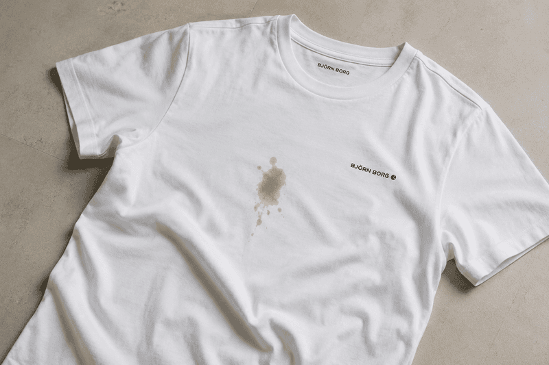 White T-shirt with a visible brown stain on the front, lying on a light gray surface. The brand logo is printed on the upper left.