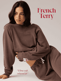Woman in brown French Terry loungewear, posing against a neutral background. Text reads "Ultra-soft, relaxed fit."