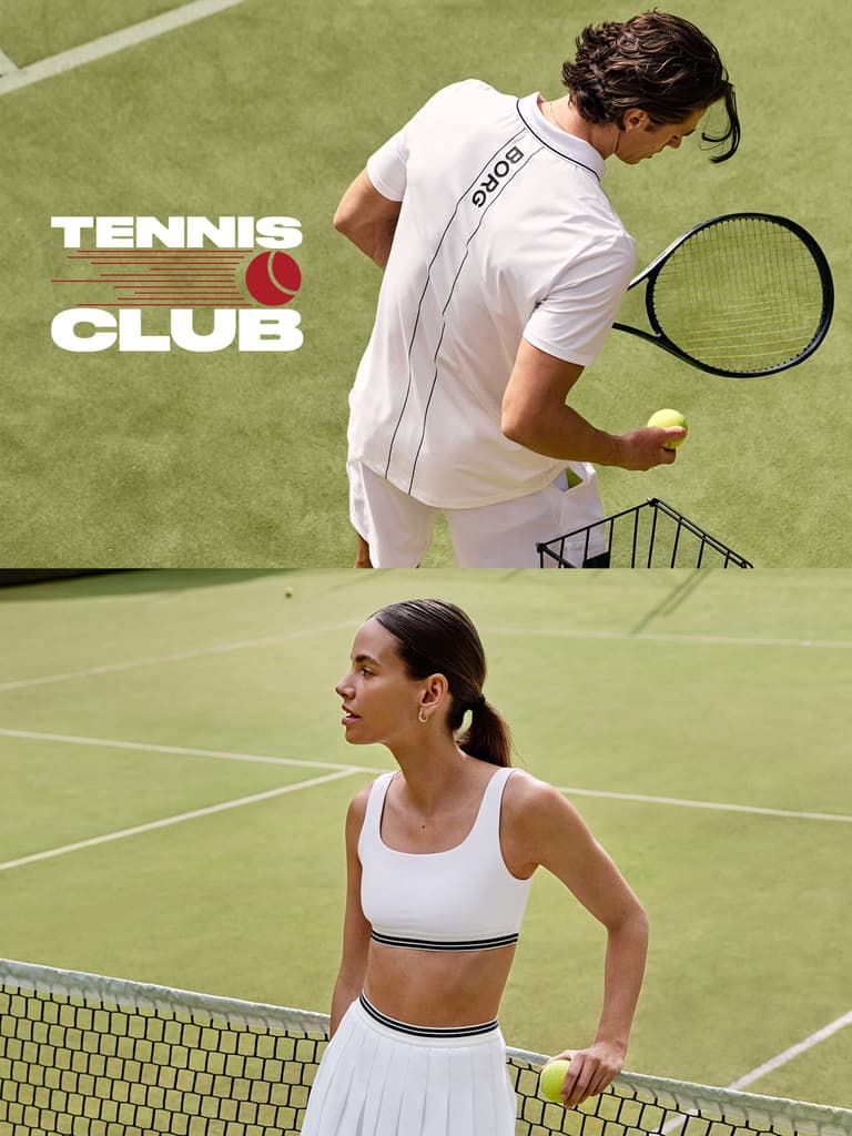 Two people on a tennis court, one holding a racket and ball, the other leaning on the net. Text reads "Tennis Club."