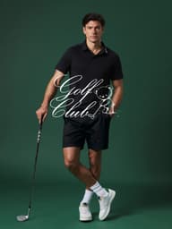 Man in a black polo and shorts holds a golf club against a dark green background. White text overlay reads "Golf Club" with a bear graphic.
