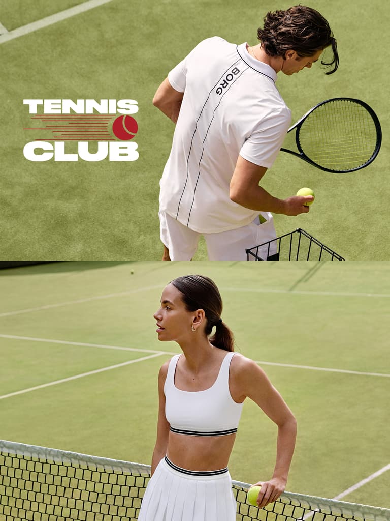 Two tennis players on grass court; one holds a racket, the other a ball. Text reads "Tennis Club."