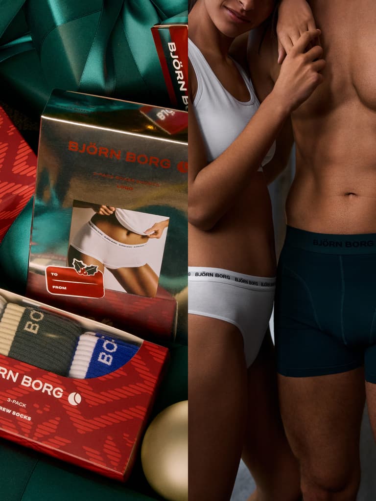 Björn Borg gift boxes and couple wearing underwear in white and dark green.