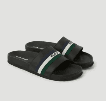 Black slide sandals with a wide strap featuring blue, white, and green stripes, and "BORG" text.