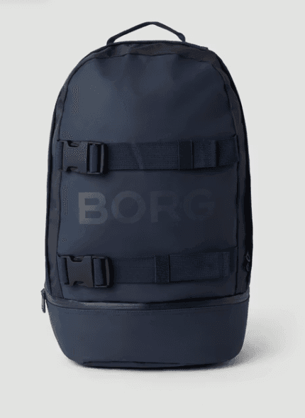 Dark blue backpack with two horizontal straps and buckles, and the word "BORG" on the front, against a light gray background.