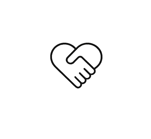 A heart-shaped outline formed by two hands shaking, symbolizing unity and cooperation, over a dark, hexagonal patterned background.