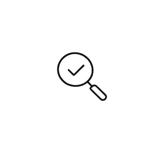Magnifying glass icon with a check mark inside, against a dark, geometric-patterned background.