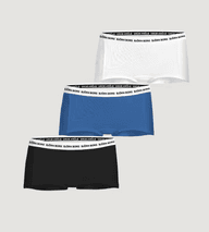 Three pairs of men's boxer briefs in white, blue, and black, each with a branded waistband, set against a plain background.