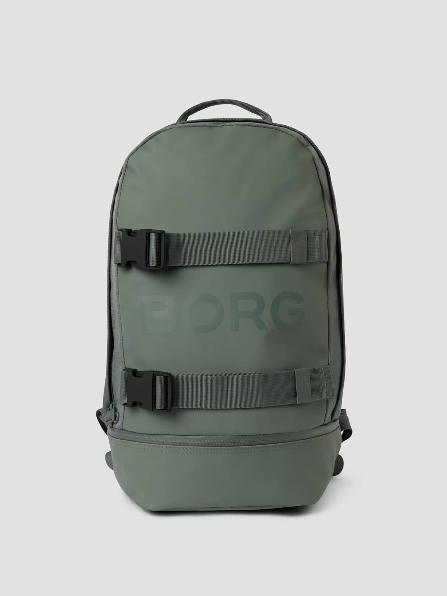 Front view of the Borg Duffle Backpack 28L in Balsam Green (Green) with buckled straps and a dark green logo. - Image 1