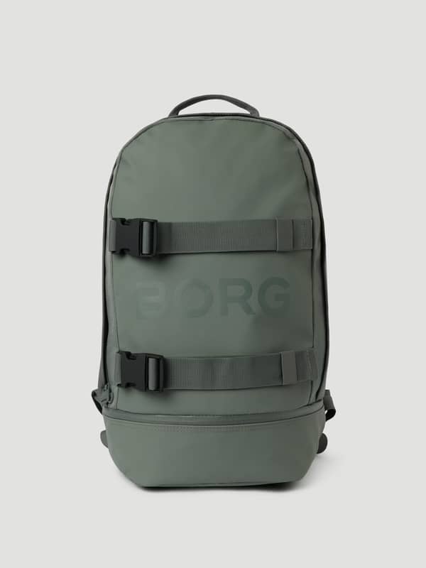 Front view of the Borg Duffle Backpack 28L in Balsam Green (Green) with buckled straps and a dark green logo.