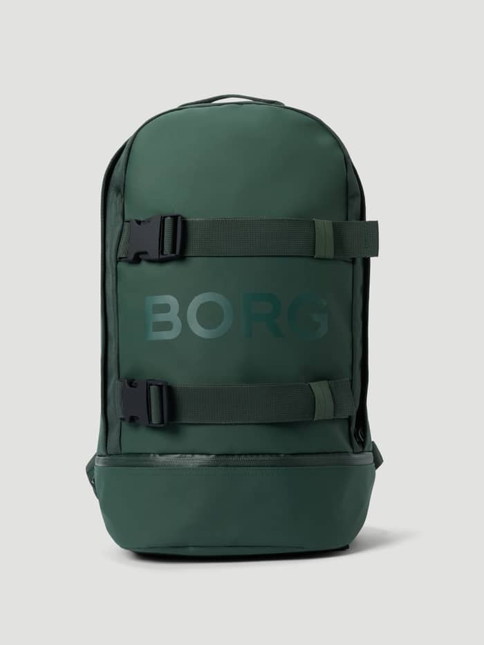 Borg Duffle Backpack 28L in Mountain View (Green) for training, featuring a tonal green logo and adjustable buckles.