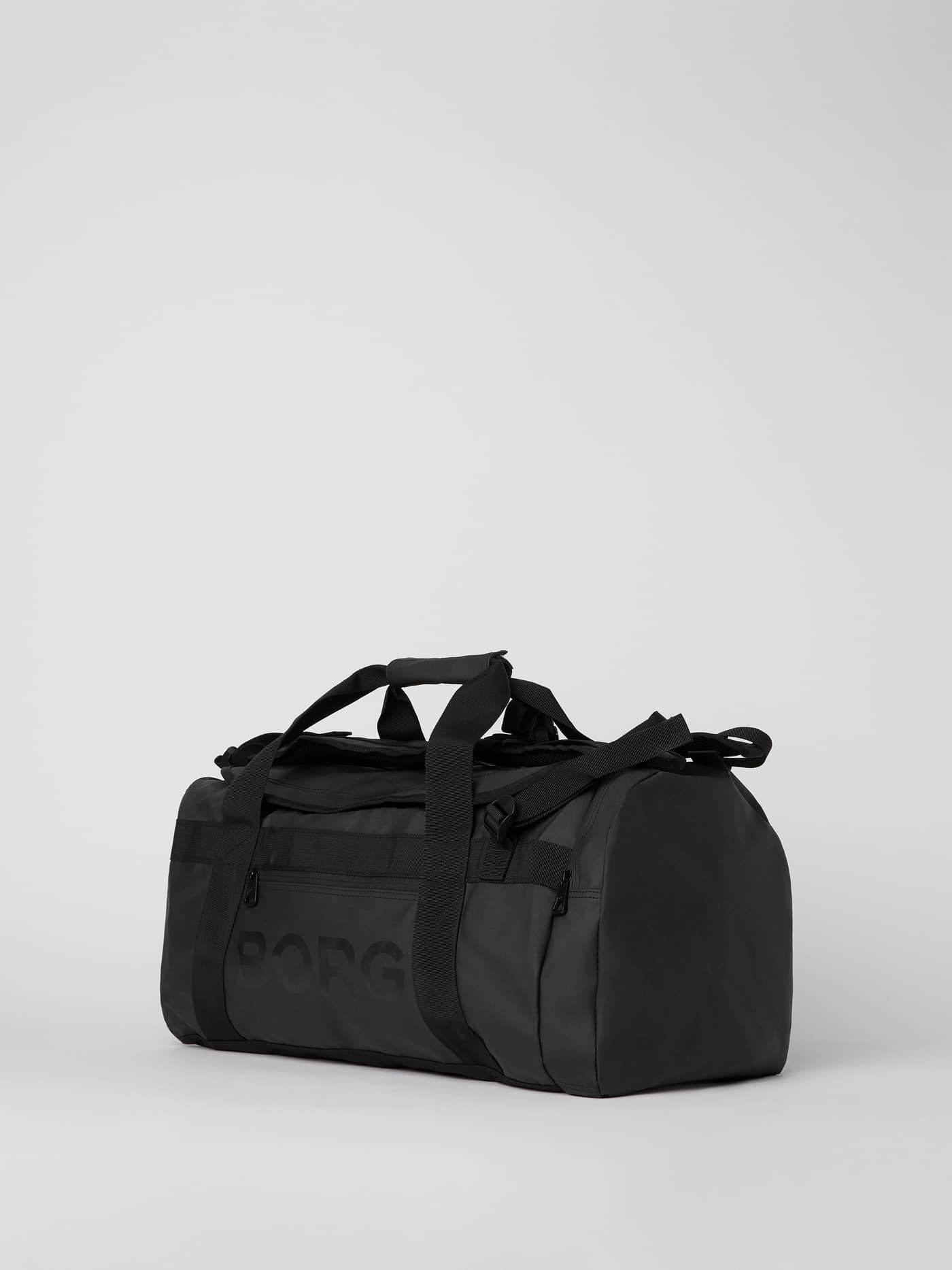 Side view of the black Borg Duffle Bag 35L, a sturdy training bag featuring a tonal black logo on the side. - Image 3