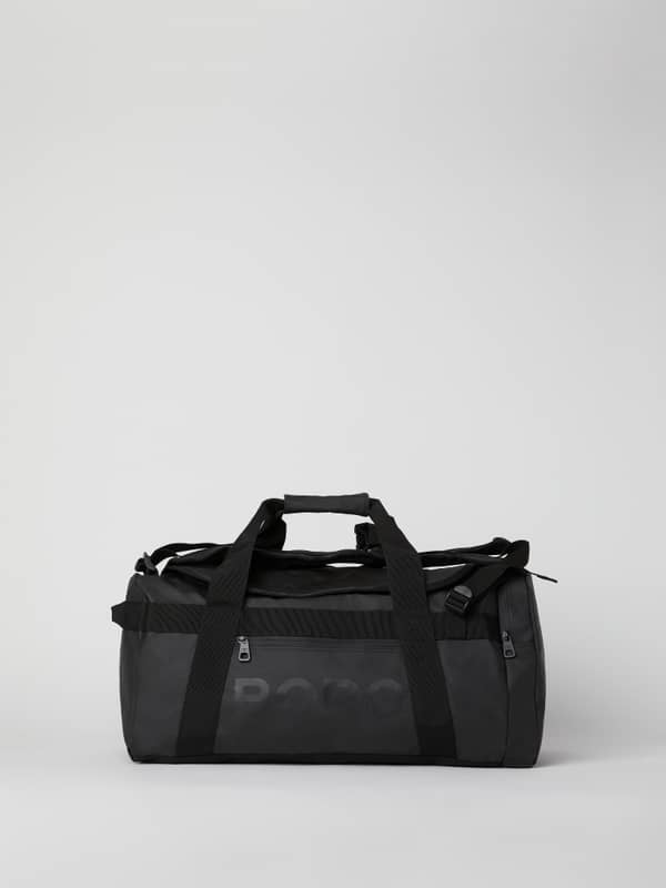 Front view of the Borg Duffle Bag 35L in black, a sturdy recycled polyester training bag with a tonal logo.