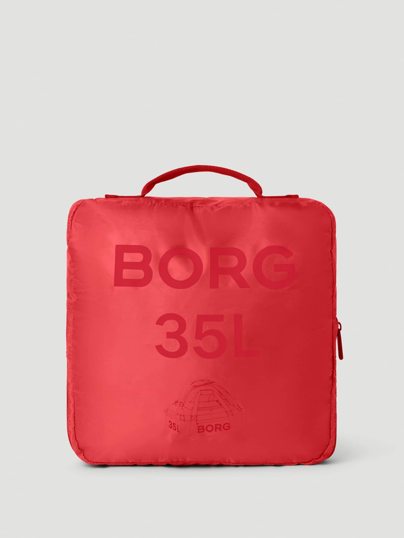 Vista frontal de la Borg Duffle Bag 35L en Samba (Rojo) de poliéster reciclado con logotipo rojo en su funda. - Image 7