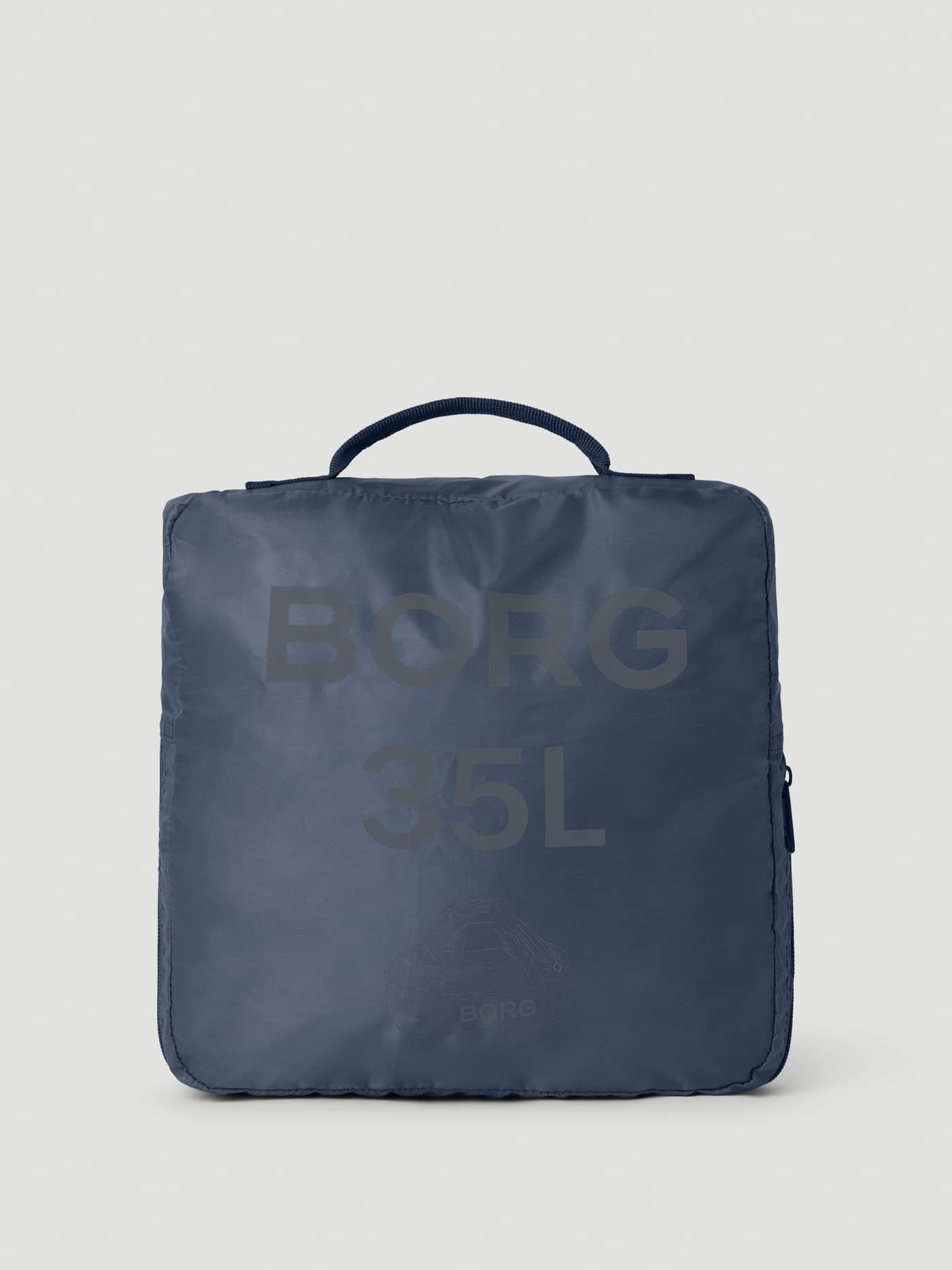 Borg Duffle Bag 35L in Night Sky (Navy) folded into its square storage pouch with a grey logo print. - Image 3