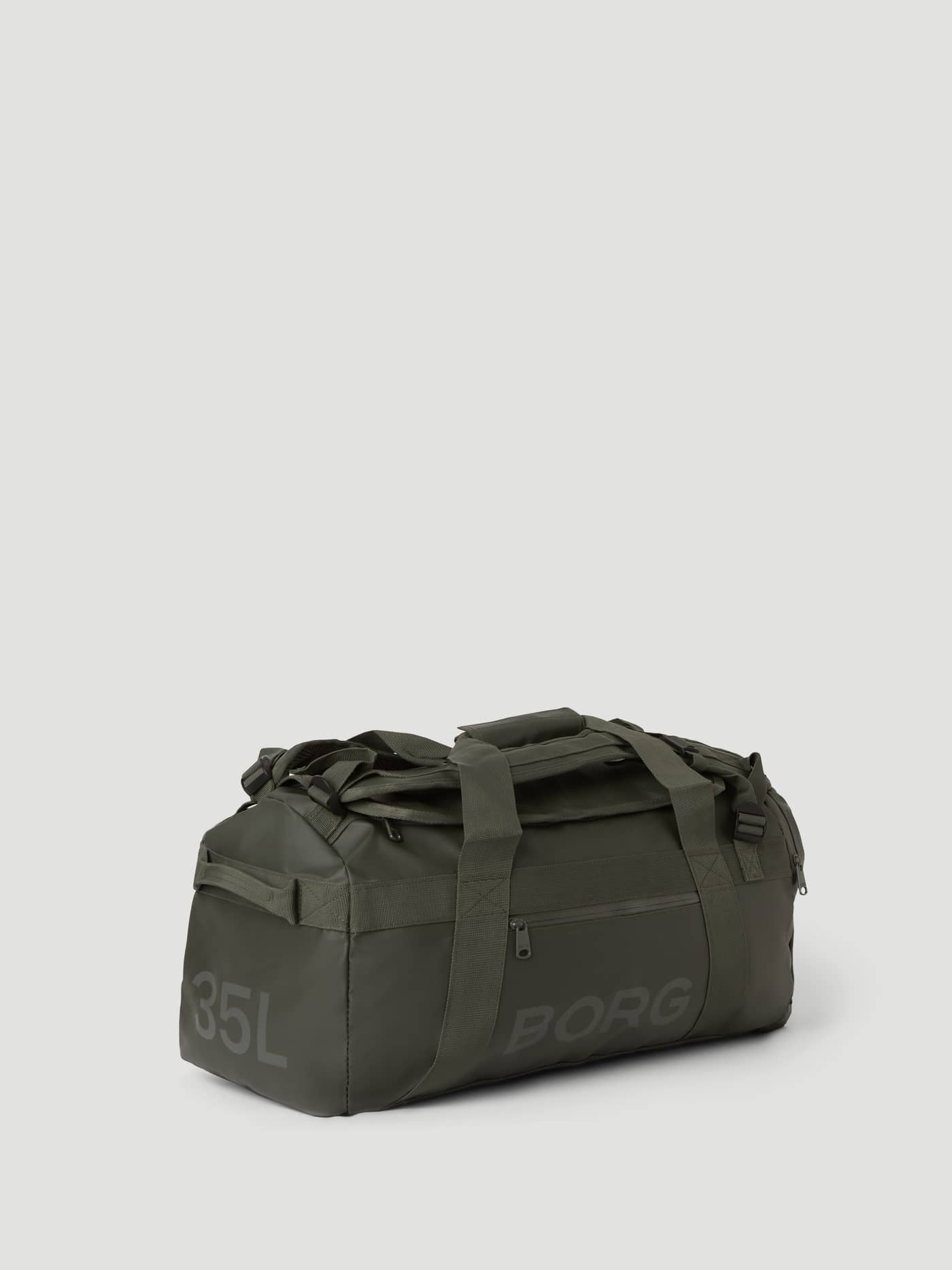 Side view of the Borg Duffle Bag 35L in Forest Night (Green) featuring a sturdy TPE coating and prominent BORG logo. - Image 2