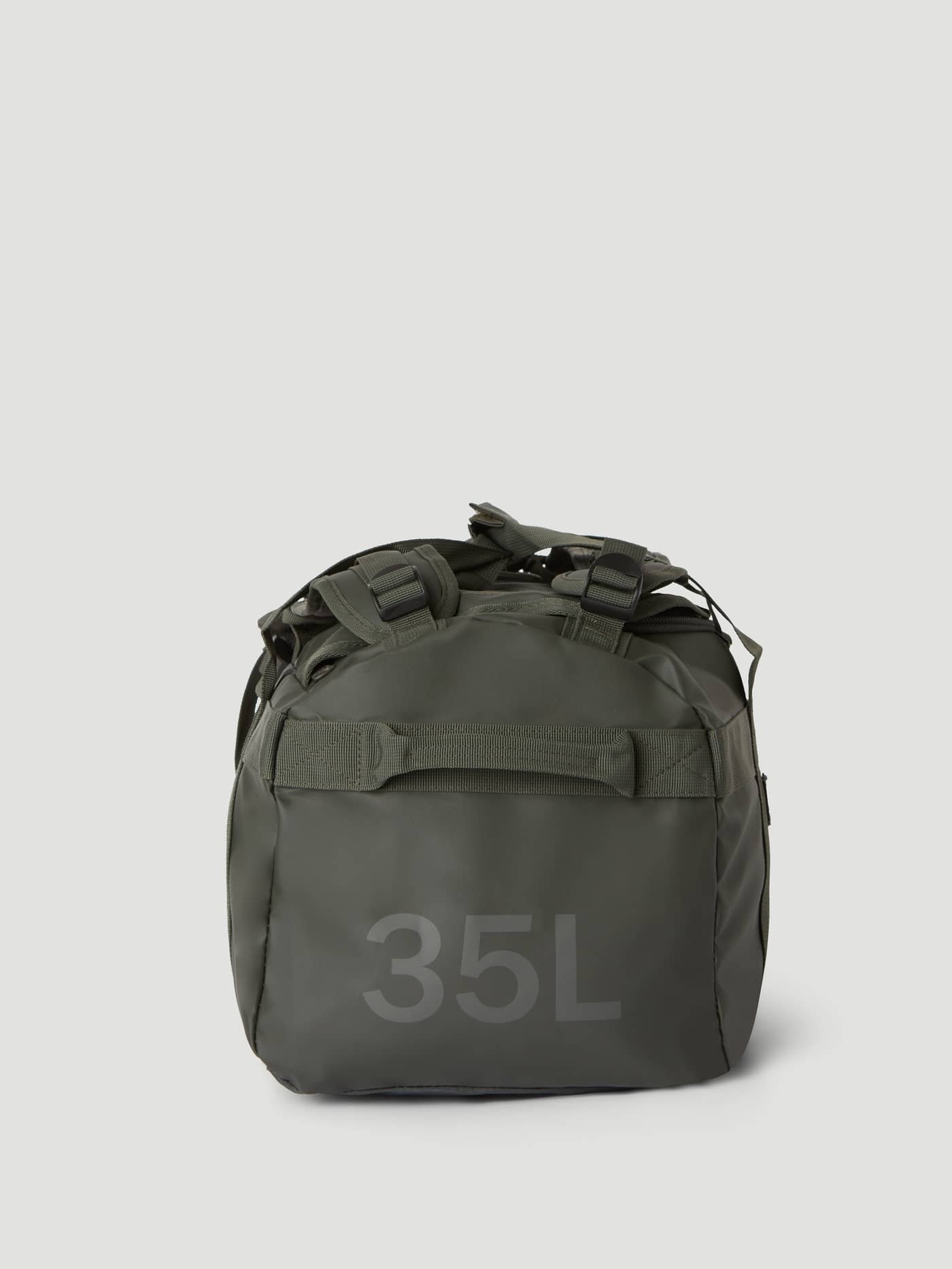 Side view of the Borg Duffle Bag 35L in Forest Night (Green) featuring durable coated material and a large 35L print. - Image 3