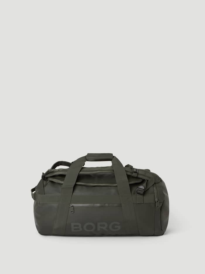 Borg Duffle Bag 35L in Forest Night (Green) featuring a tonal logo and functional water-resistant coated material.