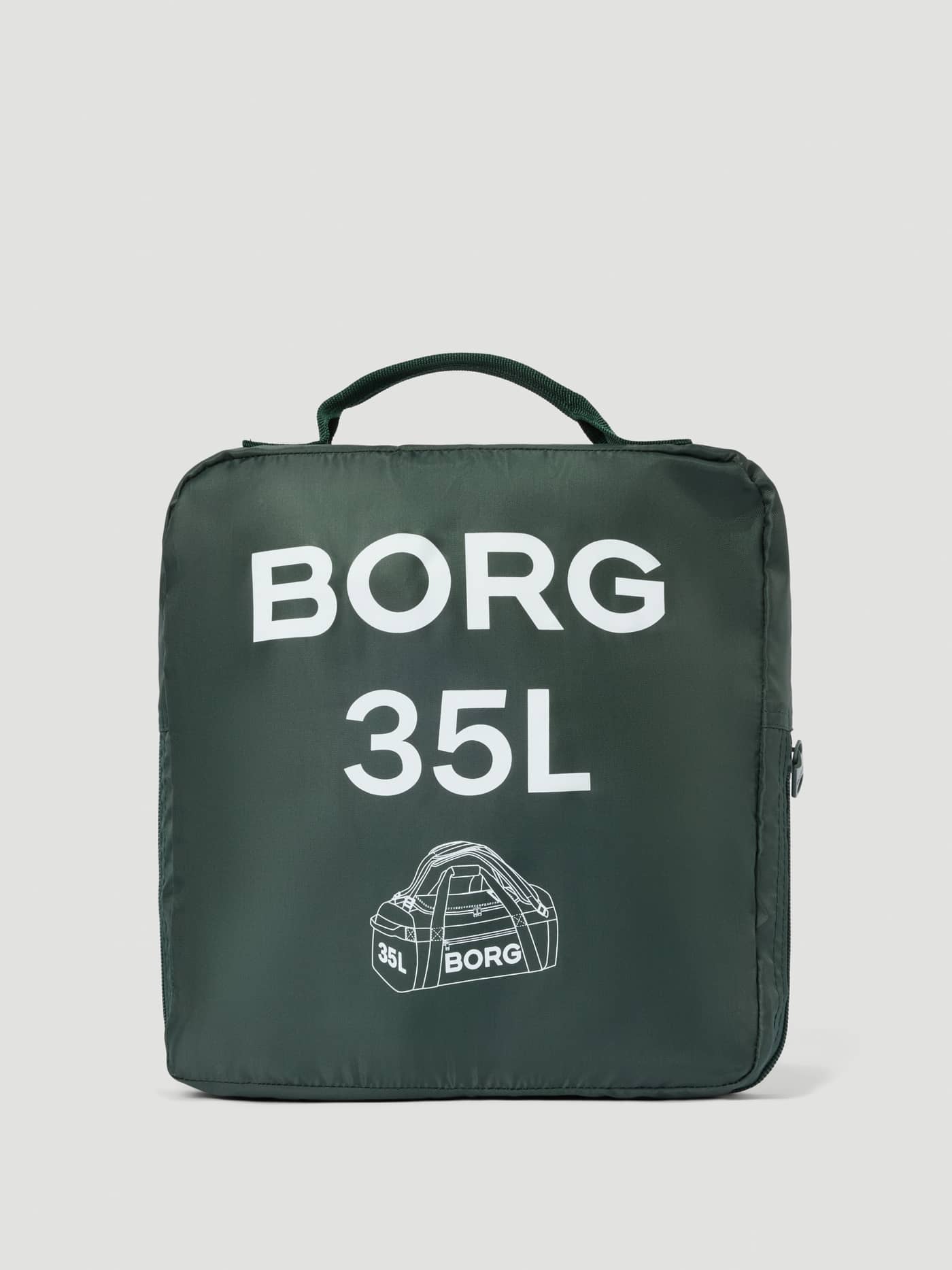 Borg Duffle Bag 35L in Mountain View (Green) folded into its functional training pouch with white logo details. - Image 1