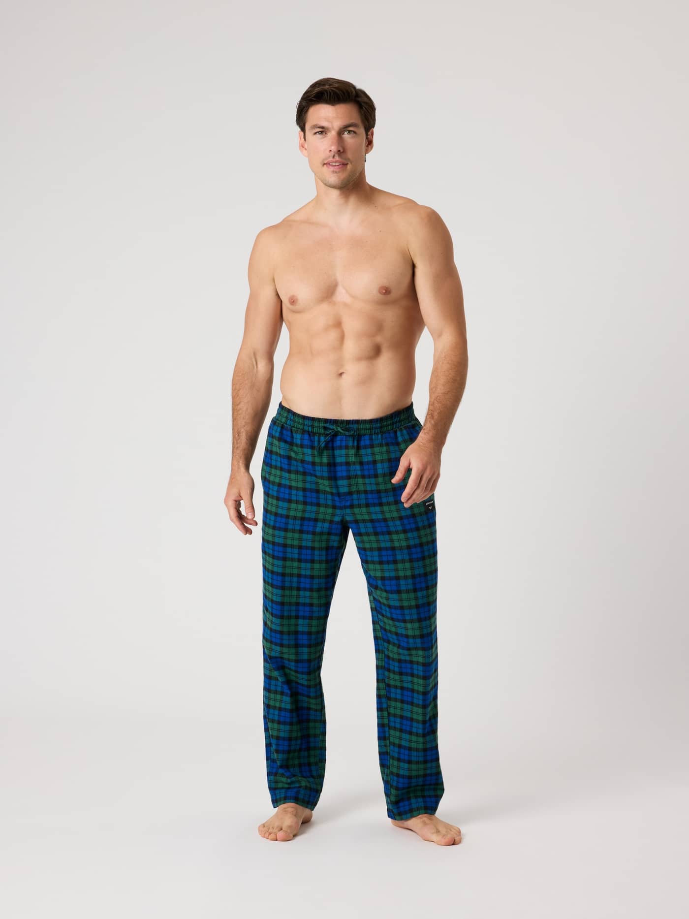 Front view of a man wearing the checked Björn Borg Core Flannel Pyjama Pants in Hs Check 5 (Blue, Green) with side pockets. - Image 3