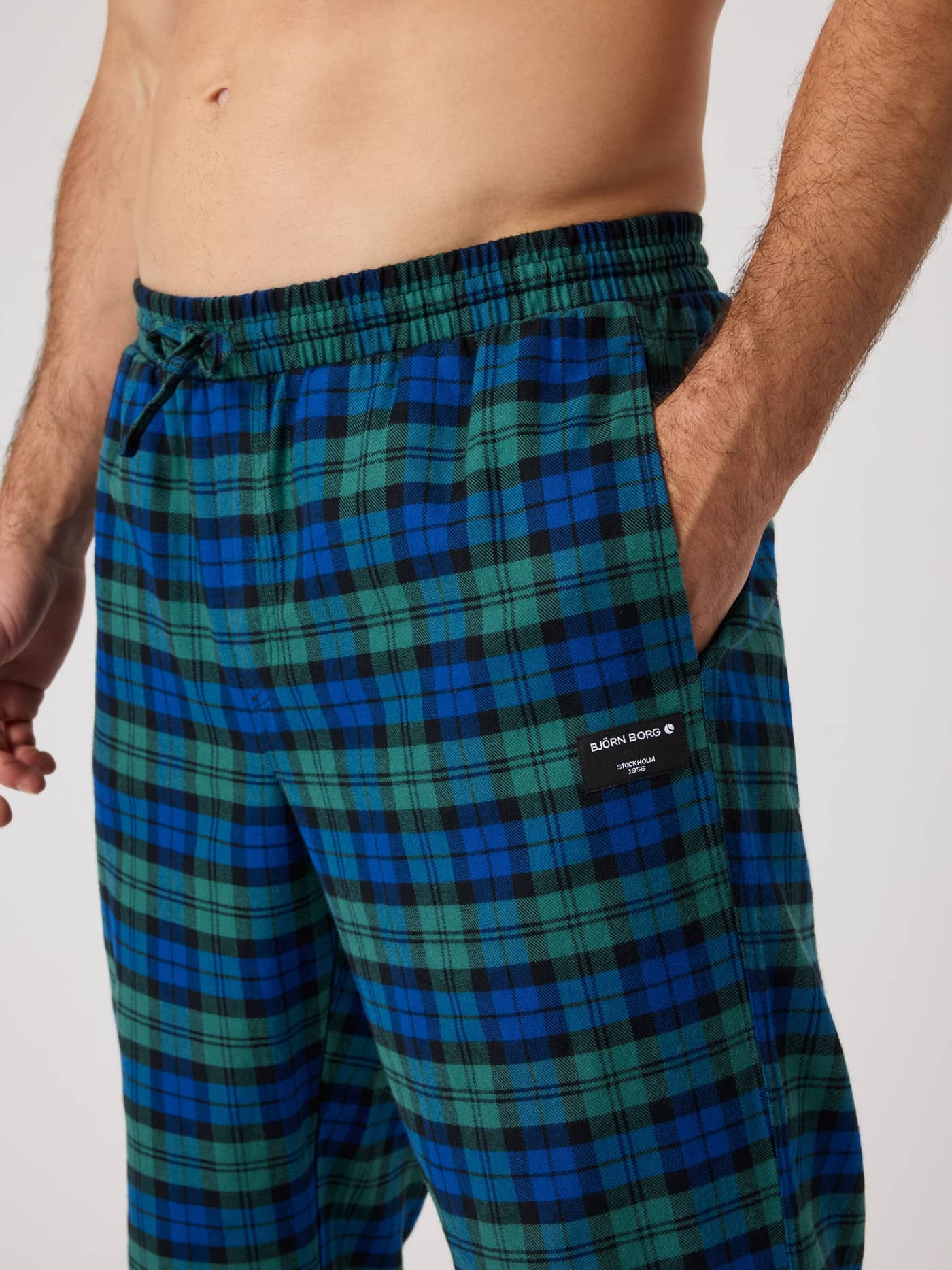 Björn Borg Core Flannel Pyjama Pants in Hs Check 5 (Blue, Green) with a green and blue check pattern, relaxed fit and black logo. - Image 4