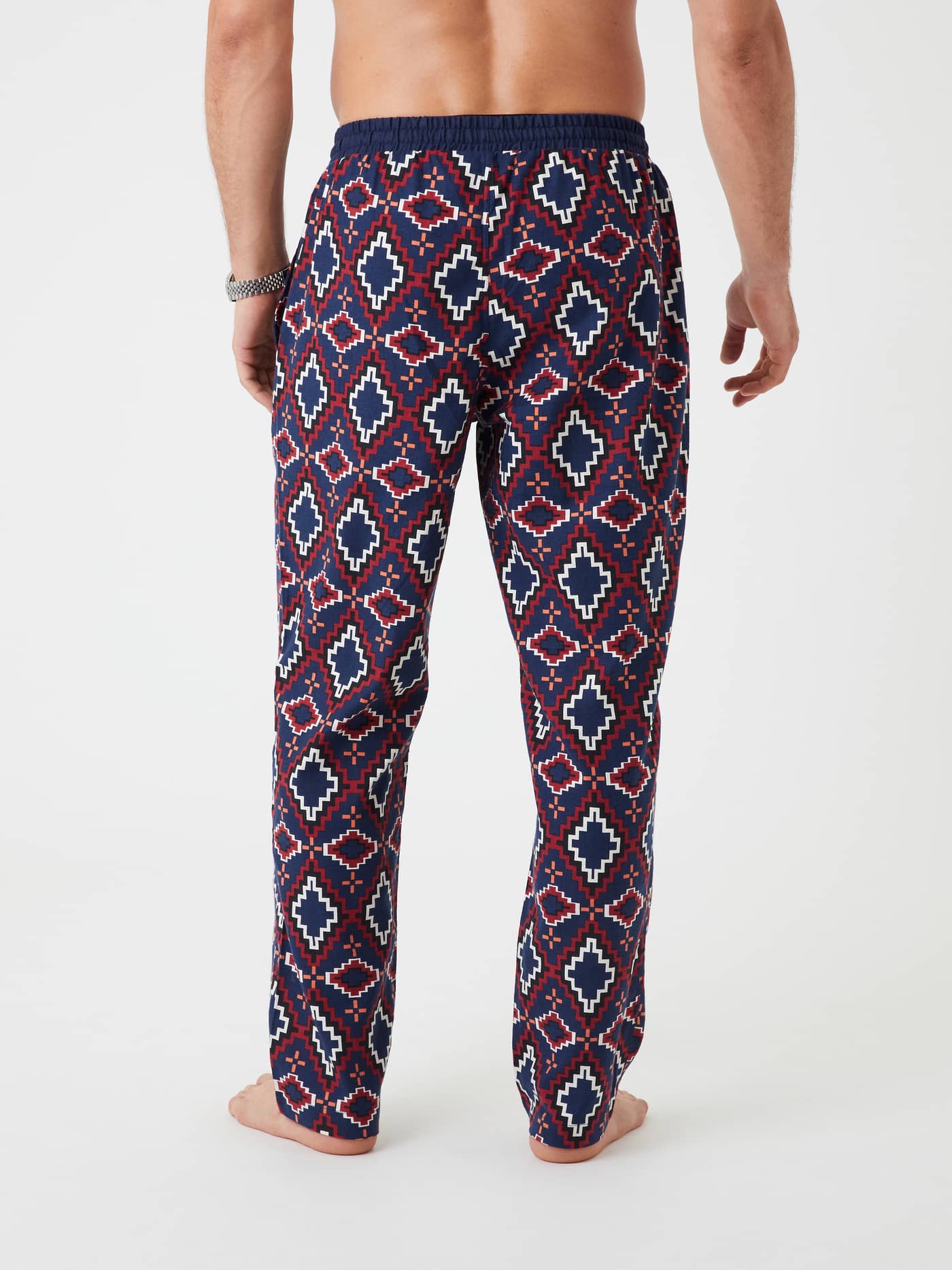 Back view of a model wearing the Björn Borg Core Flannel Pyjama Pants in a multi-colored BB Tribe print. - Image 3
