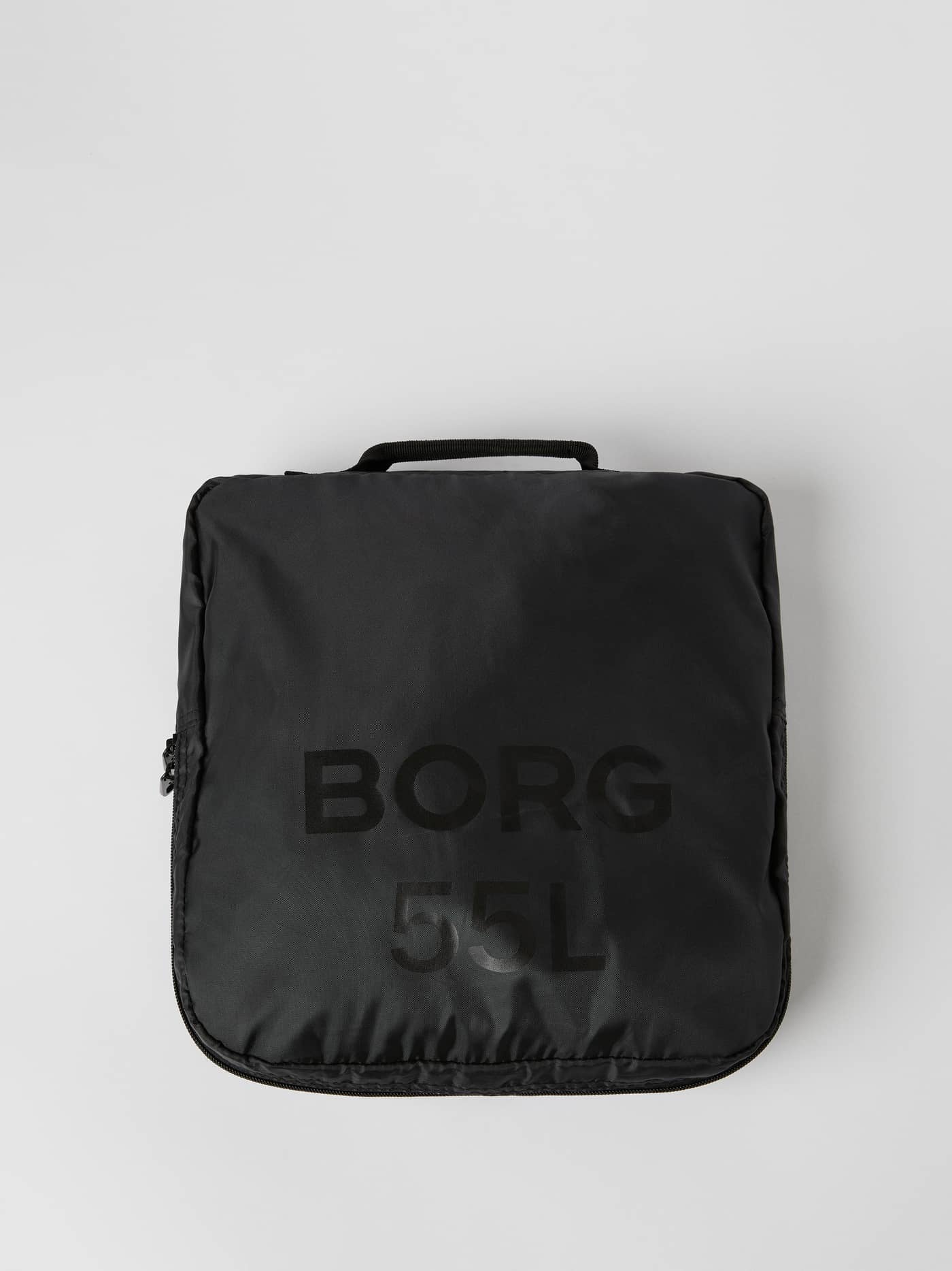 Front view of the black BORG DUFFLE BAG 55L from Björn Borg, featuring a sturdy coated material and a black logo. - Image 7