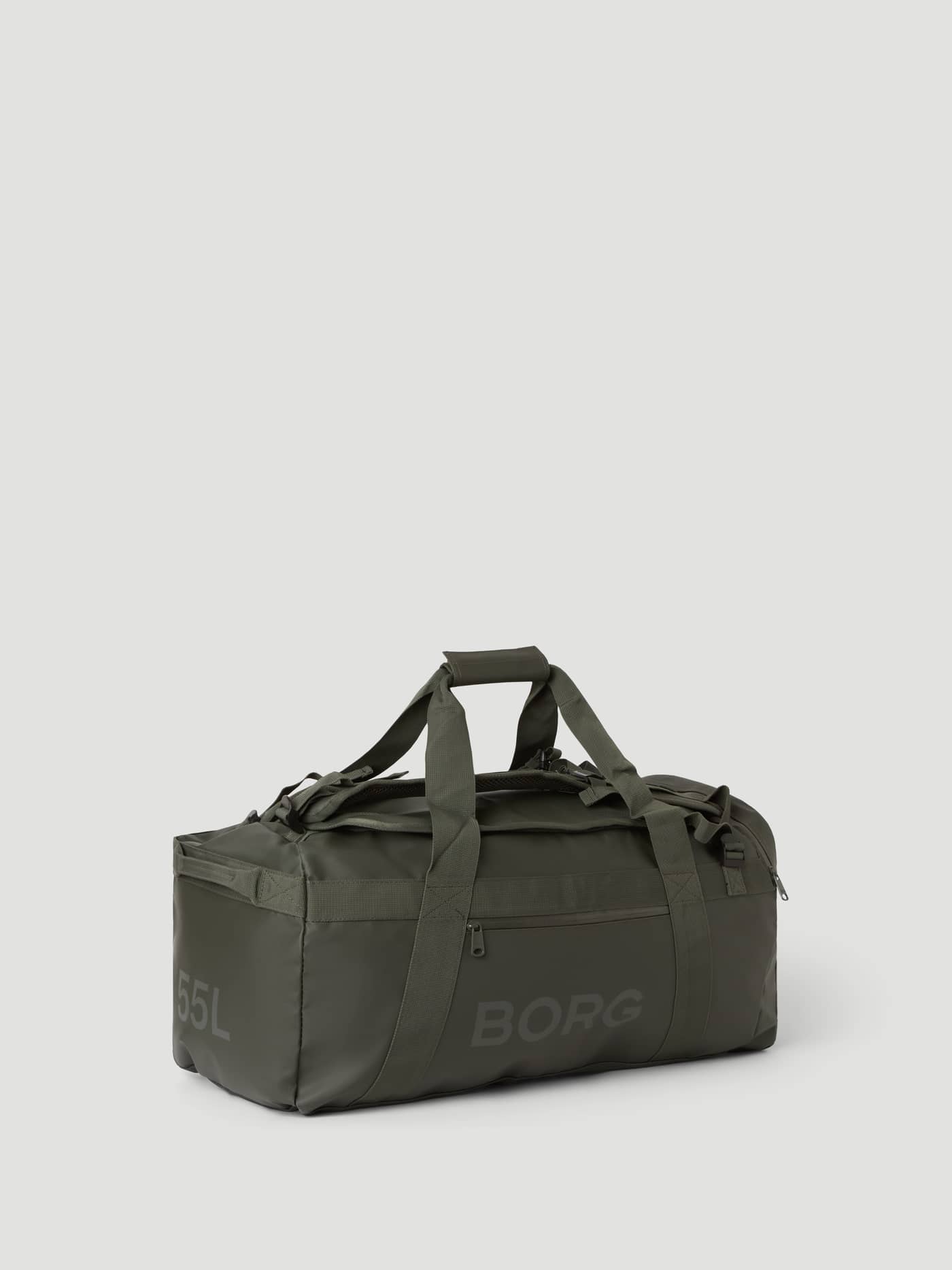 Borg Duffle Bag 55L i Forest Night (Grøn) med markant logo og 55L-print på vandafvisende belagt materiale set fra siden. - Image 2