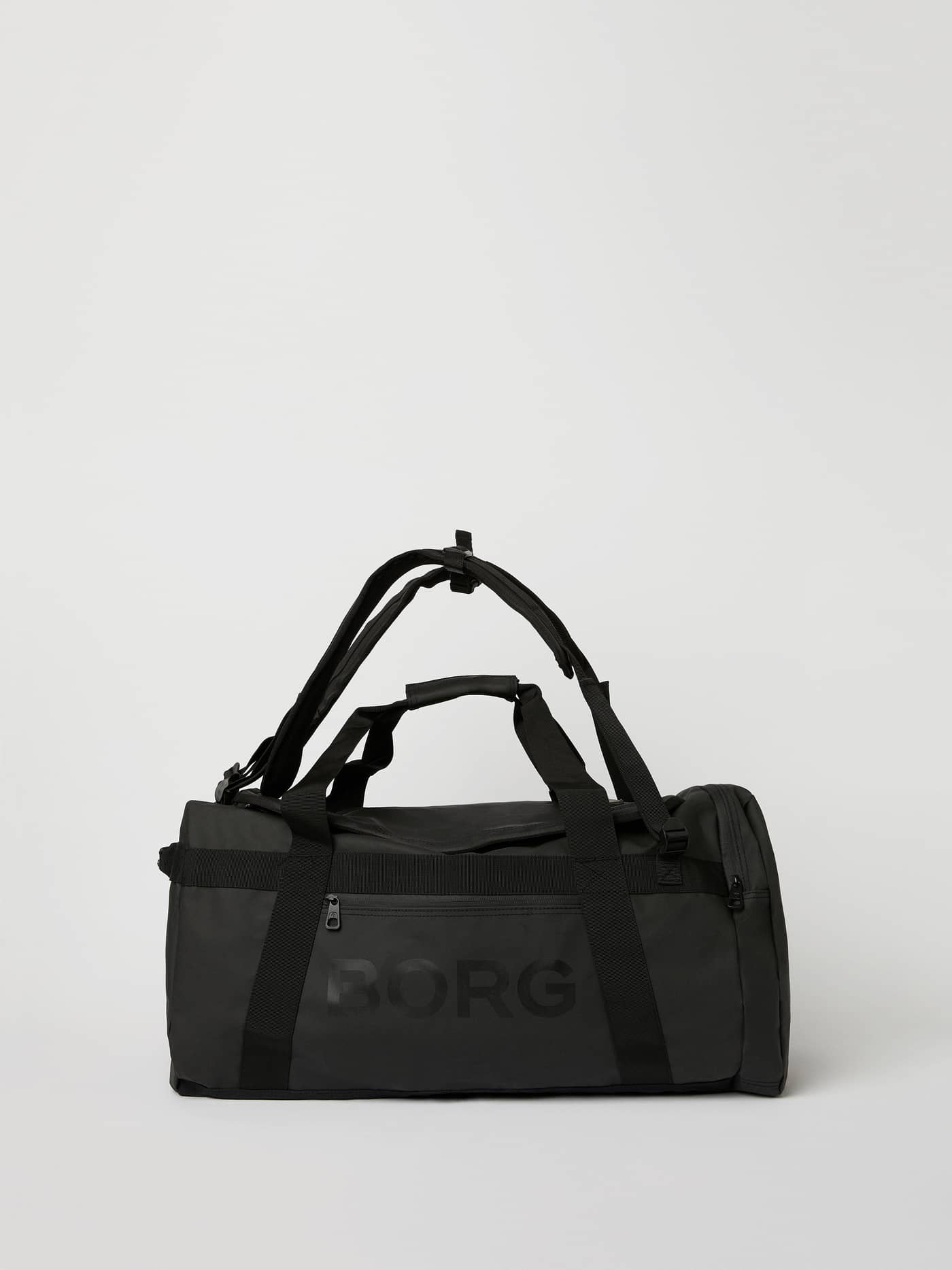 Side view of the black BORG DUFFLE BAG 55L featuring a tonal side logo and durable water-resistant coated material. - Image 2