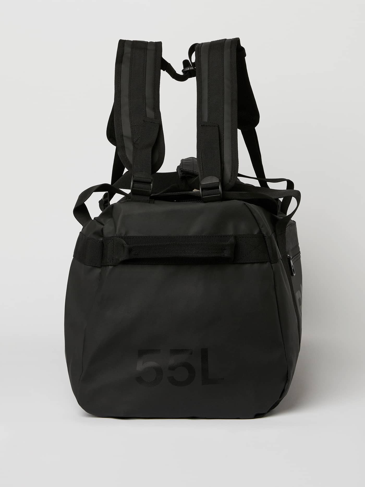 Side view of the black Borg Duffle Bag 55L featuring durable TPE-coated material and adjustable shoulder straps. - Image 6