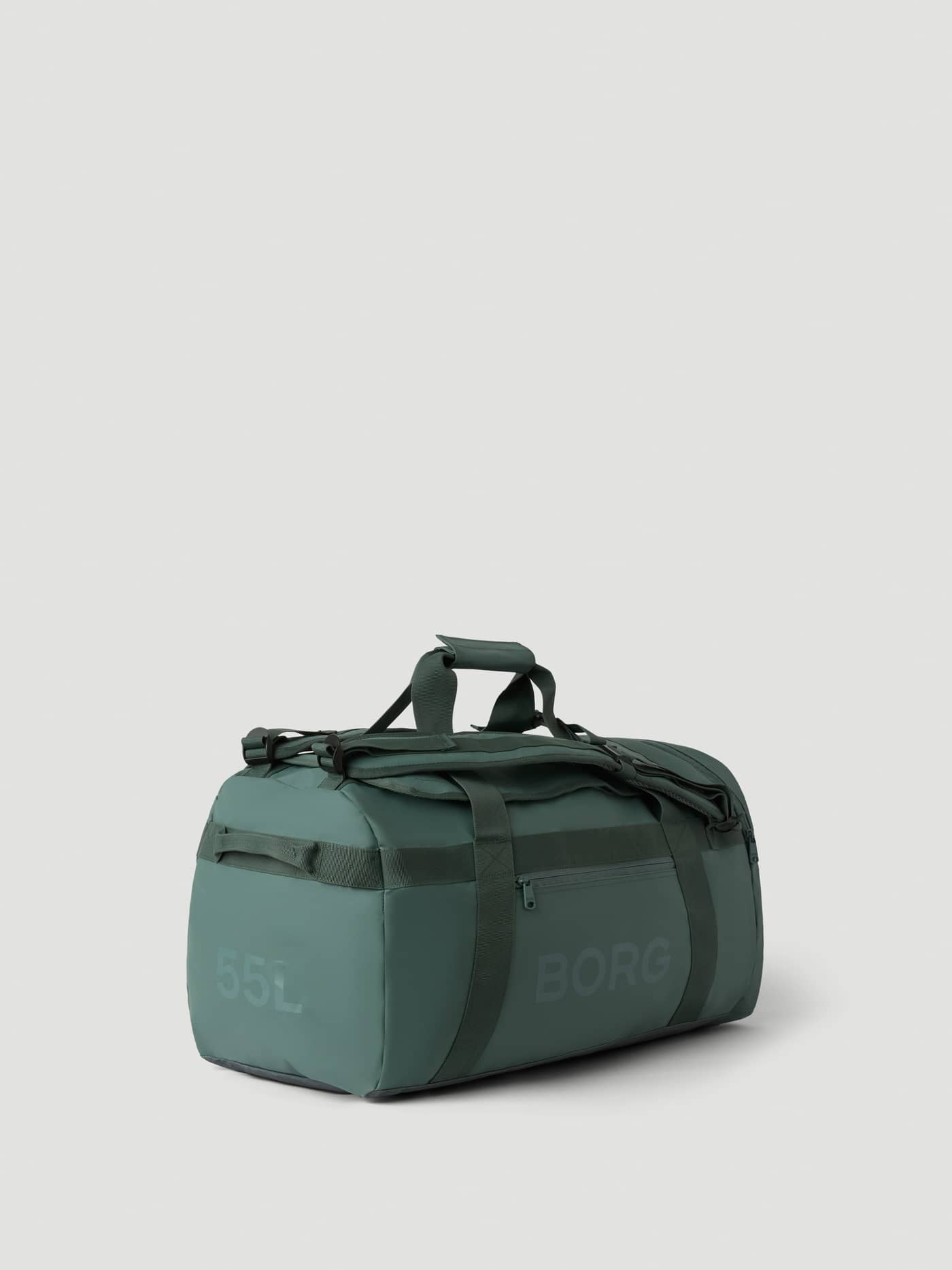 Side view of the Balsam Green (Green) Borg Duffle Bag 55L, featuring a sturdy water-resistant finish and a large logo. - Image 2