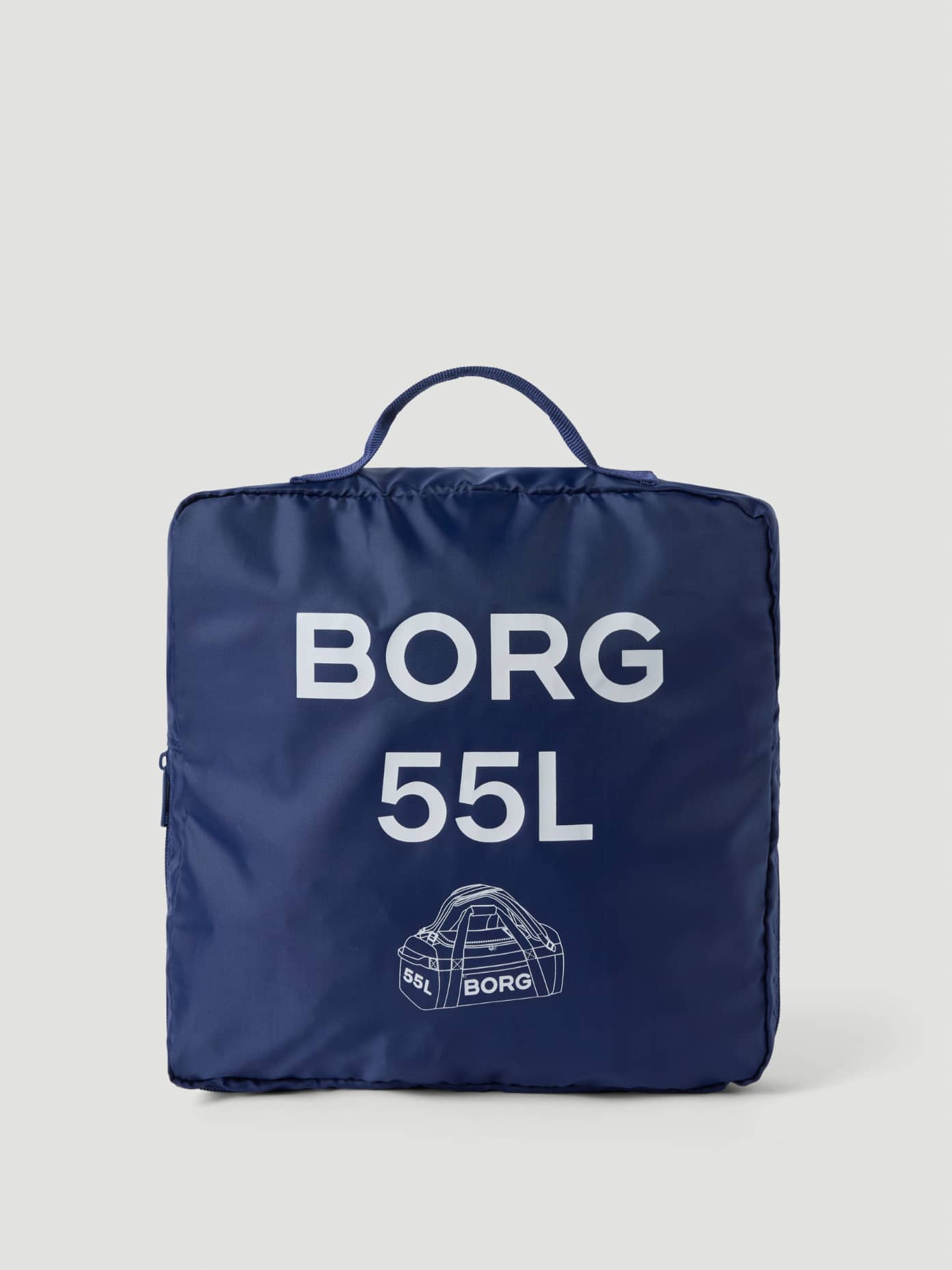 Estate Blue (Blue) Borg Duffle Bag 55L folded into its square storage pouch with white branding. - Image 4