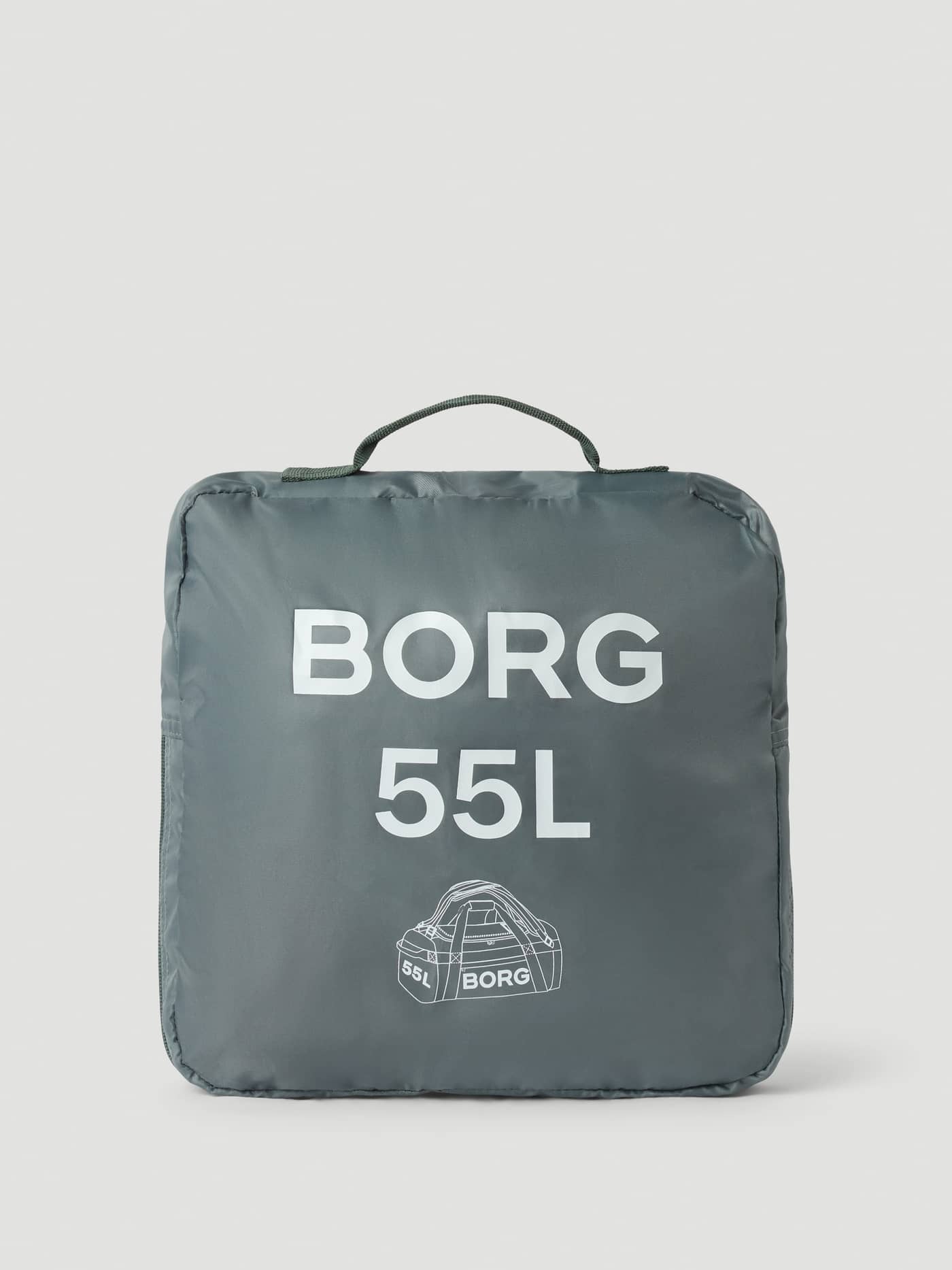 Balsam Green (Green) Borg Duffle Bag 55L packed in its storage pouch, featuring a sturdy coated material and white logos. - Image 3