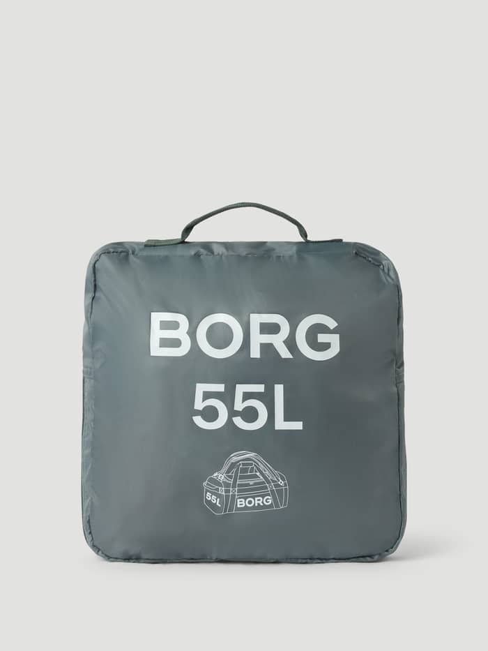 Borg Duffle Bag 55L i Balsam Green (Grønn) pakket i oppbevaringsposen, i et robust belagt materiale med hvite logoer. - Image 3