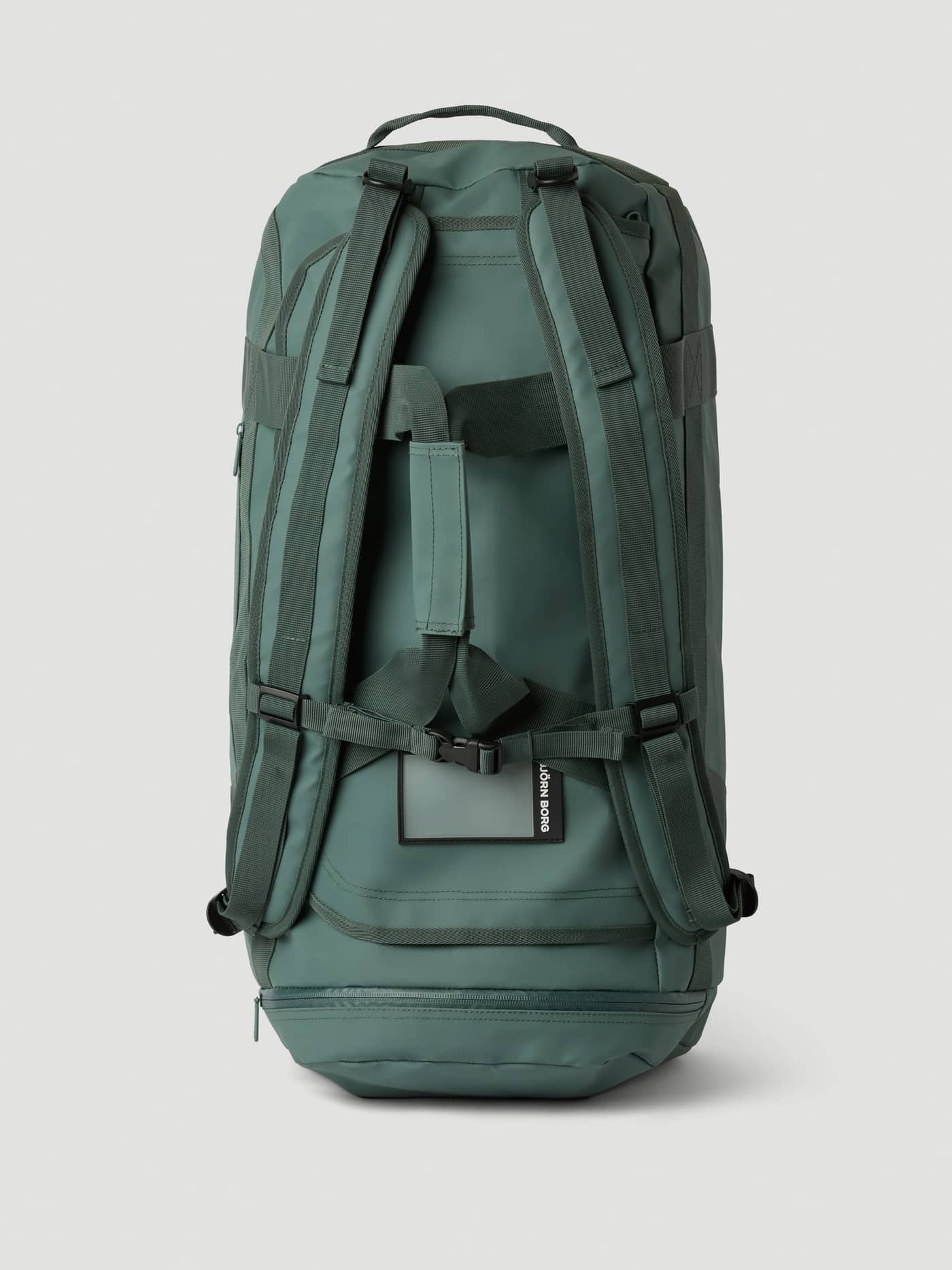 Back view of the Balsam Green (Green) Borg Duffle Bag 55L training bag with backpack straps and water-resistant coating. - Image 6