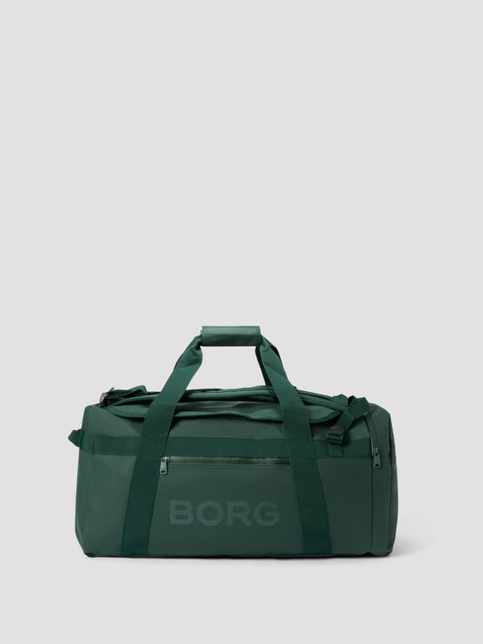 Borg Duffle Bag 55L in Mountain View (Green) featuring a dark green logo and durable straps for training and travel.