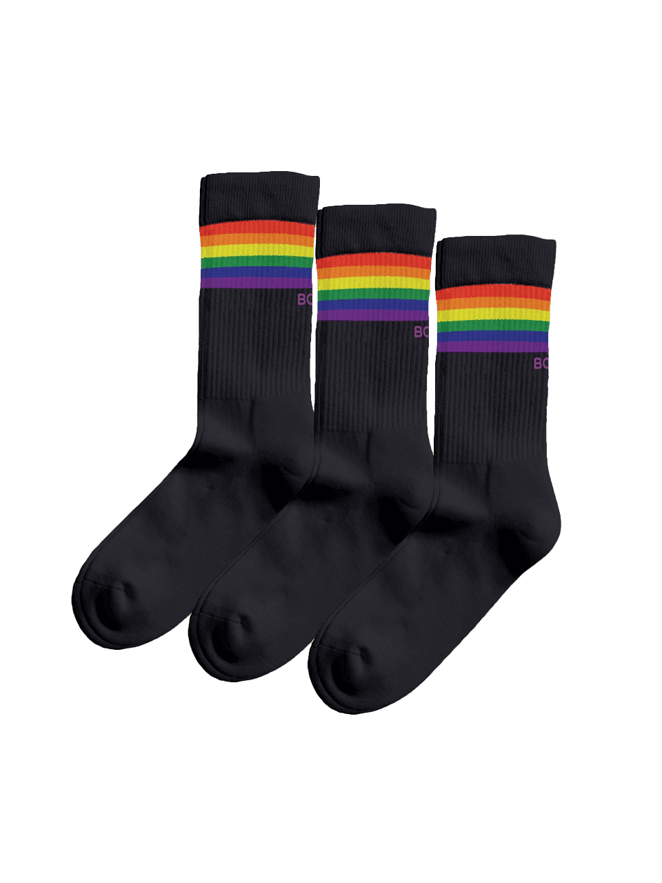 Black Björn Borg Core Crew Sock 3-pack with rainbow stripes, a purple logo, and a ribbed cotton-knit for a secure fit. - Image 1